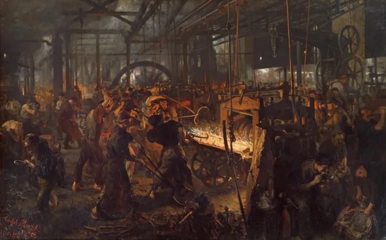 Adolph Menzel's painting The Iron Rolling Mill, showing workers operating heavy machinery inside an ironworks