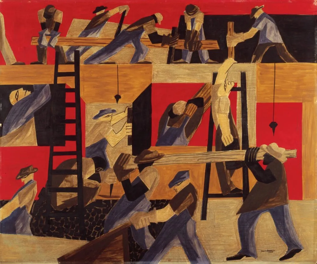 Jacob Lawrence’s painting The Builders, depicting people working together with tools and construction materials